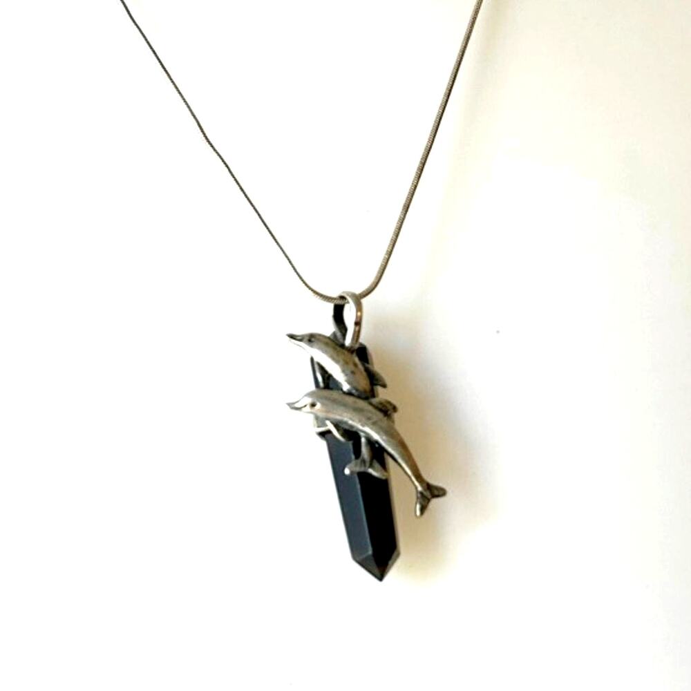 Sterling Silver & Black Onyx Dolphin Pendant Necklace, Vintage Y2k